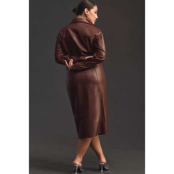 by Anthropologie Fuax Leather Midi Shirt Dress In Brown Size 1X Plus Size - Picture 5 of 15
